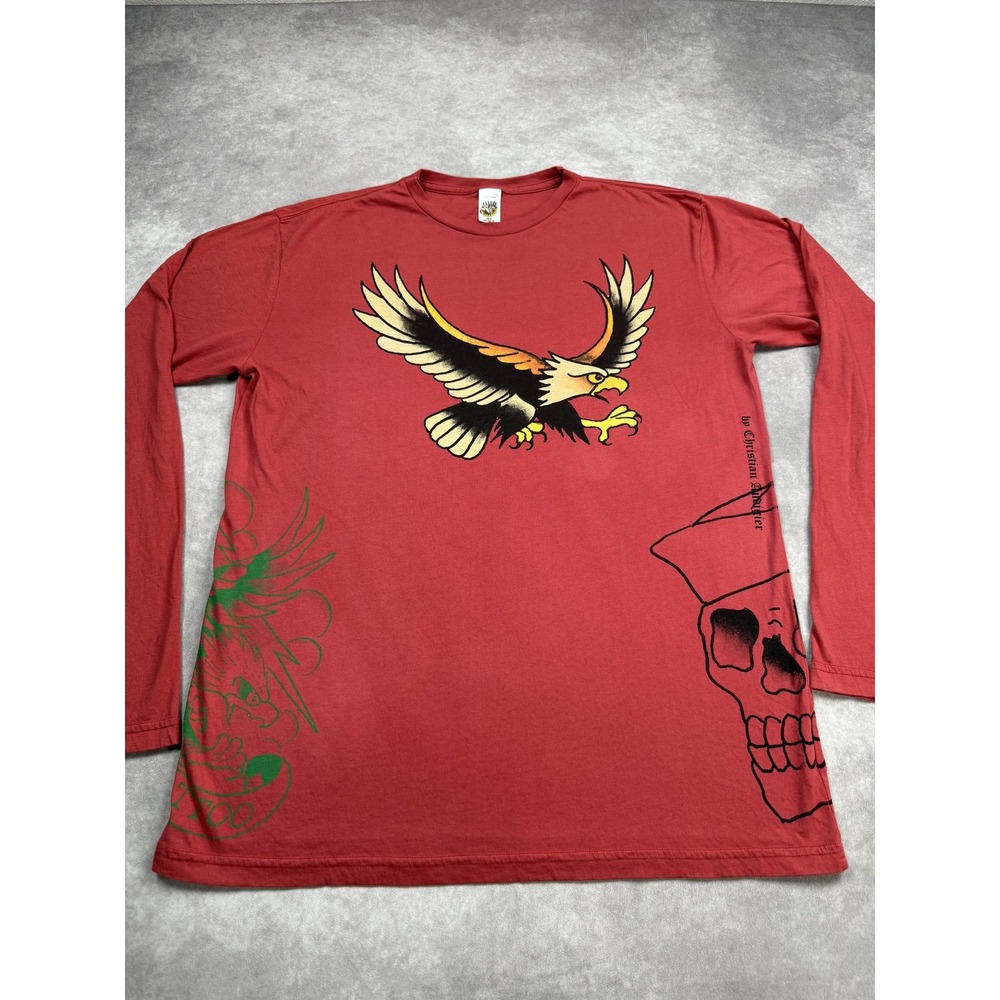 Ed Hardy Shirt Mens 2XL Red Long Sleeve Eagle Skull Tattoo Graphic Made in USA‎